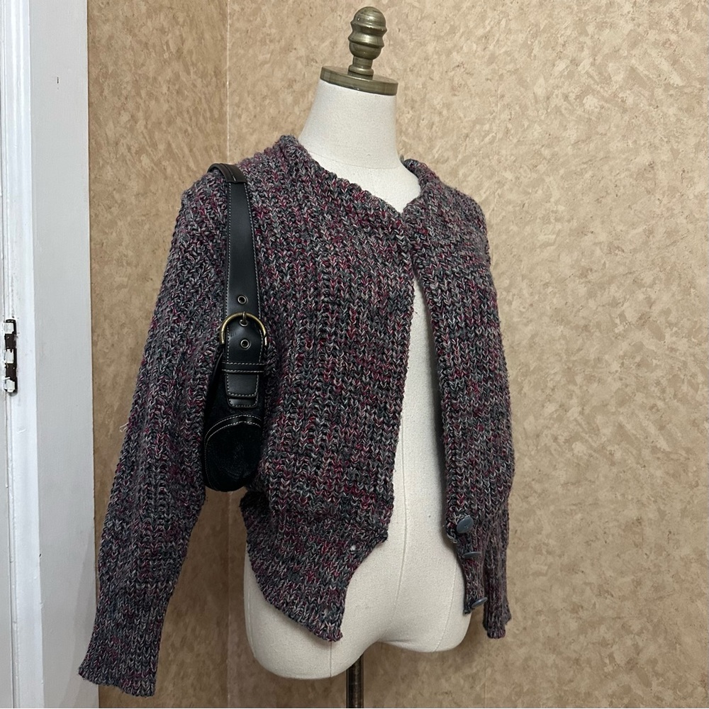 VTG 80s Chunky Knit Multicolor Double Lined Knit Unique Open Front Cardigan - Picture 2 of 10